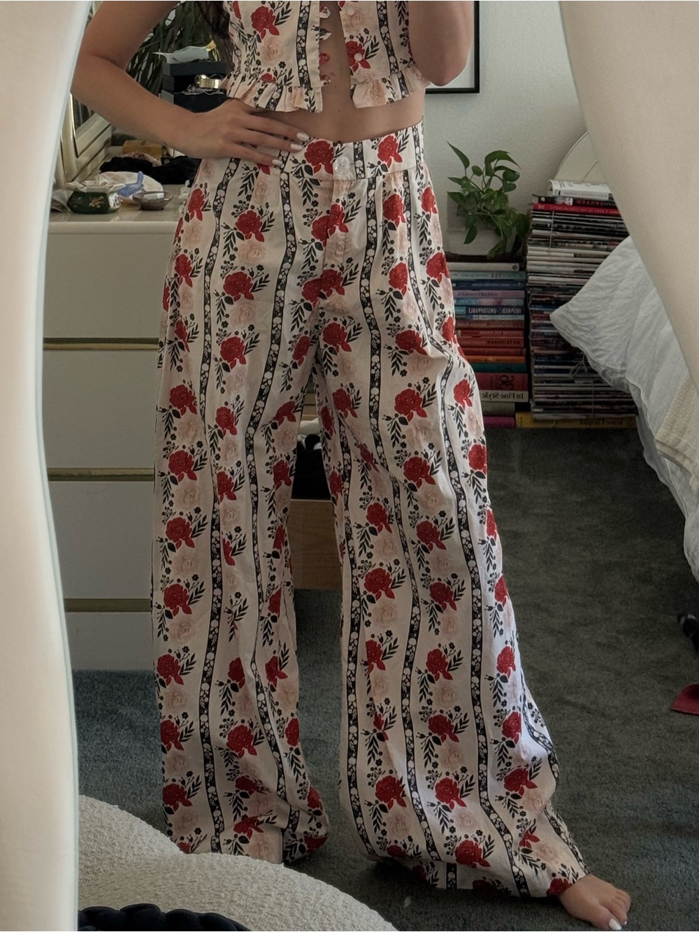 Red Floral Wide-Leg Pants in Cream - Boho Stripe Print